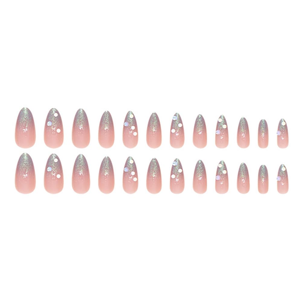 S.A.V.I 24Pcs Nude Long Almond Press On Nails for Women & Girls | Glossy Glitter Artificial Nails with 3D Droplets | Reusable Nail Tips for Party, Wedding & Daily | DIY Nail Art Set