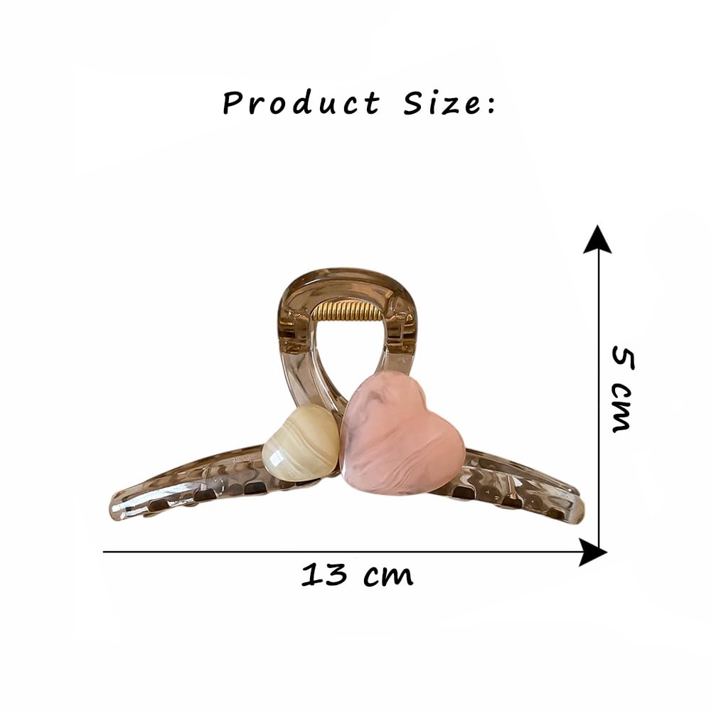 S.A.V.I Heart Shape Hair Claw Clip for Women & Girls | Acrylic Transparent Dual Marble Hearts | Stylish Beige & Pink Hair Accessory | Strong Grip for Daily & Party | 13cm