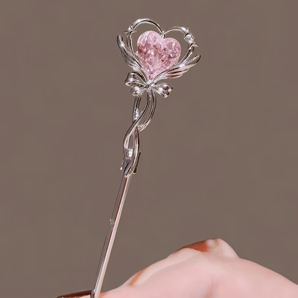 S.A.V.I Silver Hair Bun Stick Pin for Women & Girls | 18.2cm Metal Hairpin with Pink Heart Rhinestone | Butterfly Bow Design | Stylish Juda Stick for Party, Wedding, Traditional Look