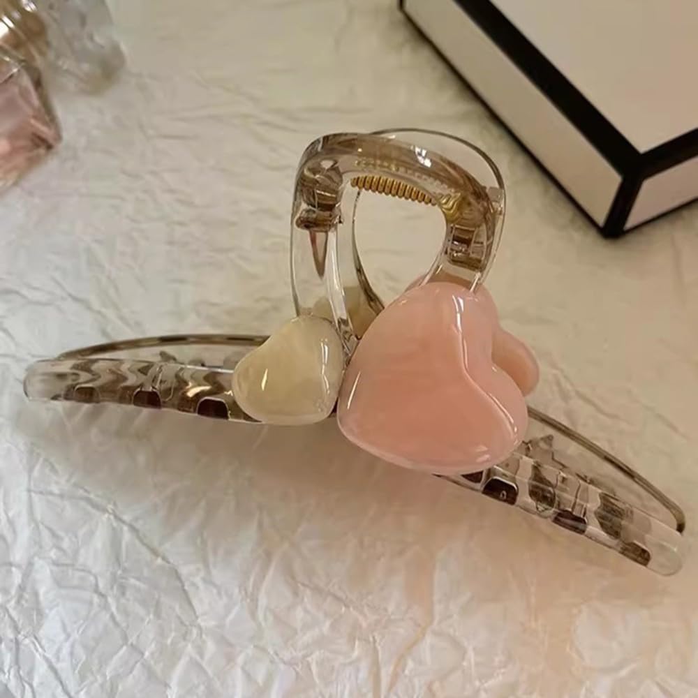 S.A.V.I Heart Shape Hair Claw Clip for Women & Girls | Acrylic Transparent Dual Marble Hearts | Stylish Beige & Pink Hair Accessory | Strong Grip for Daily & Party | 13cm