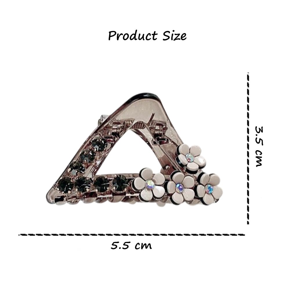 S.A.V.I Brown Triangle Hair Claw Clip for Women & Girls | Small 5.5cm Plastic Clutcher with Floral & Rhinestone Design | Stylish Daily & Party Hair Accessory | Non-Slip Grip