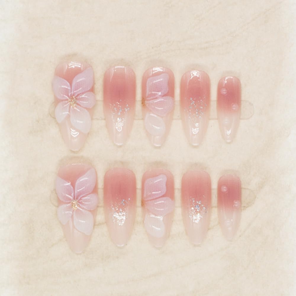 S.A.V.I 24Pcs Long Almond Fake Nails Nude Blush Gradient with 3D Flower, Glitter Tips – Reusable Press On Acrylic Nails Set with Glue & Tabs for Women & Girls – Nail Art Extension