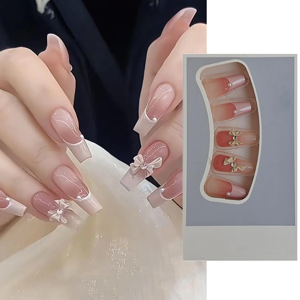 S.A.V.I 24 PCs Long Coffin Nude French Manicure Fake Nails with 3D Bowknot Design, Reusable Press-On Nails for Women - Elegant Durable Artificial Nails for Weddings Parties