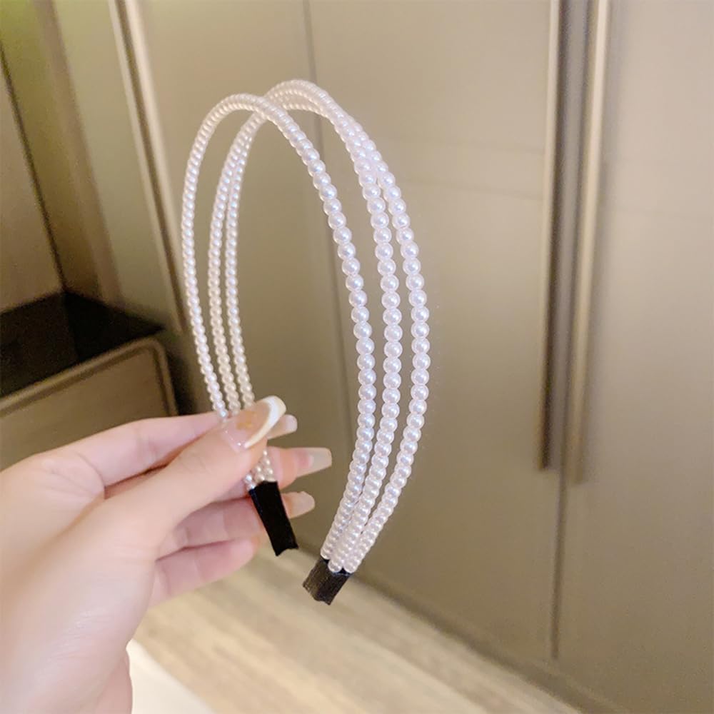 S.A.V.I White Pearl Beaded Triple Layer Hairband for Women & Girls | Stylish Headband for Long Hair | Elegant Hair Accessory for Party & Daily | Fashion Hair Band (12x14 cm)