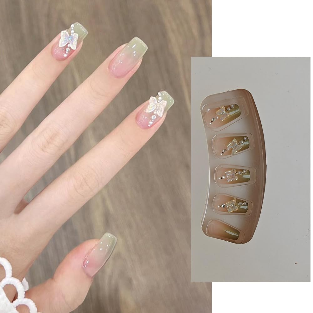 S.A.V.I Long Coffin Press-On Nails - 24 PCs Gradient Nude Green with 3D Butterfly Charm | Reusable Fake Nails for Women | Stylish Nail Art for Weddings, Parties | Durable Chic