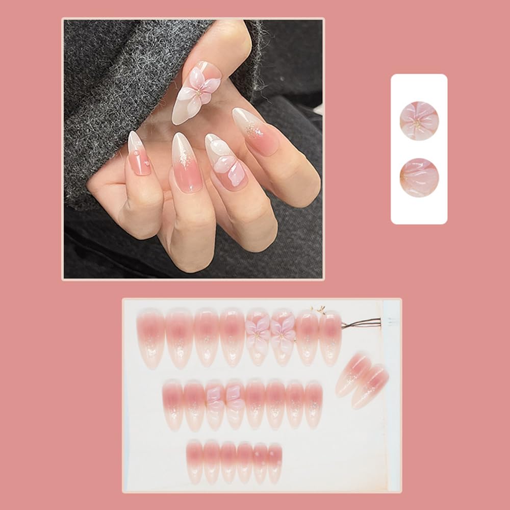 S.A.V.I 24Pcs Long Almond Fake Nails Nude Blush Gradient with 3D Flower, Glitter Tips – Reusable Press On Acrylic Nails Set with Glue & Tabs for Women & Girls – Nail Art Extension