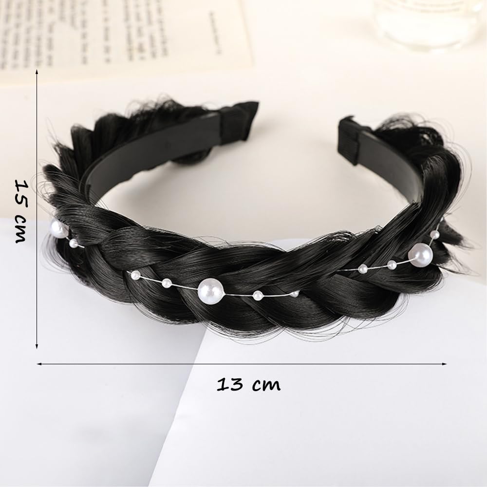 S.A.V.I Natural Black Braided Hairband for Women & Girls | Faux Hair Braid Headband with Pearls | Stylish Hair Accessory for Party, Wedding, Daily | 13x15 cm Elegant Look
