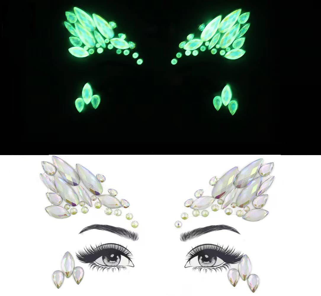 S.A.V.I 3D Luminous, Glow in the Dark Face Gems Sticker Crystal Tattoo Rhinestone Decoration for Women Girls Events Parties Weddings Clubs