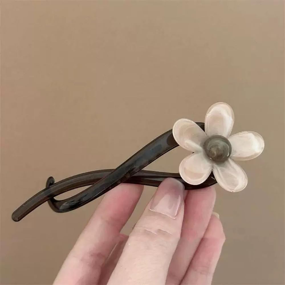 S.A.V.I Elegant 11cm Hair Clip for Women & Girls | White Flower with Pearl Center | Brown Tortoiseshell Acrylic Barrette | Stylish Floral Hair Accessory for Party, Ethnic & Daily