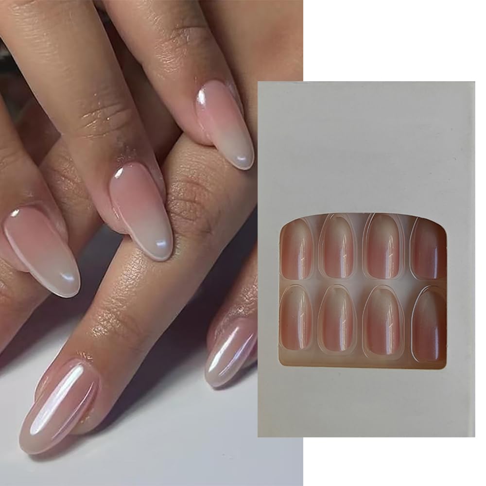 S.A.V.I 24 Pcs Press On Nails | Medium Length, Round Shape | Pink Off-White Gradient Fake Nails | Reusable Artificial Nails with Natural Glossy Finish | Instant DIY Manicure for Women Girls