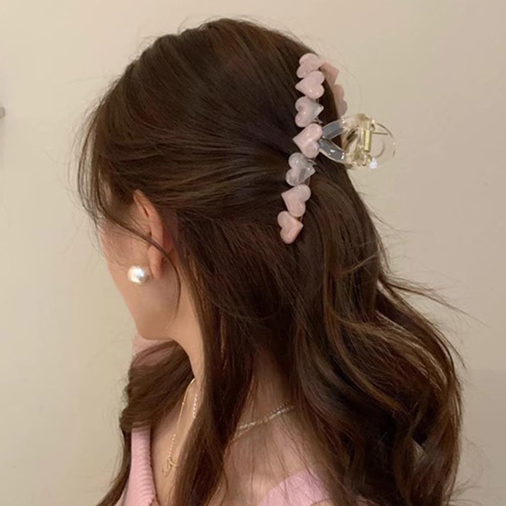S.A.V.I Big Hair Claw Clip for Women & Girls | 13cm Transparent Acrylic Clutcher with Pink Heart Design | Strong Grip Bun Holder for Thick Hair | Stylish Hair Accessories for Daily