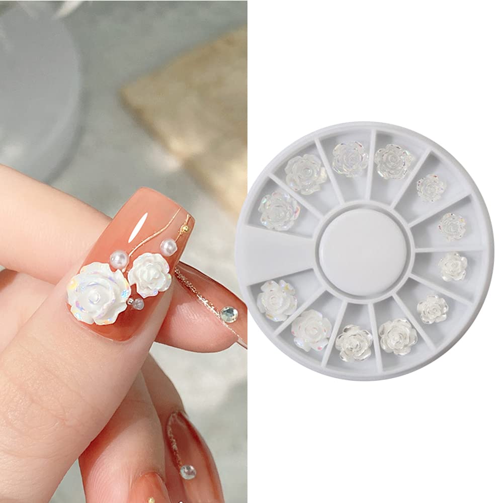 S.A.V.I 12PCs 3D Rose Flower Nail Decorations White Clear Set for Salon-Quality Manicures, DIY Fashion Trending Nail Accessories