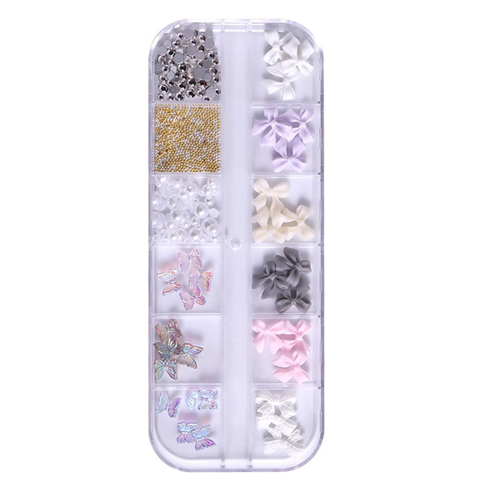 S.A.V.I 3D Nail Art Decoration Set – 12-Grid Box with 18 Bow Charms (6 Colours), 12 Butterfly Charms, Pearls, Rhinestones & Beads – DIY Nail Accessories for Professional Salon & Home Manicure