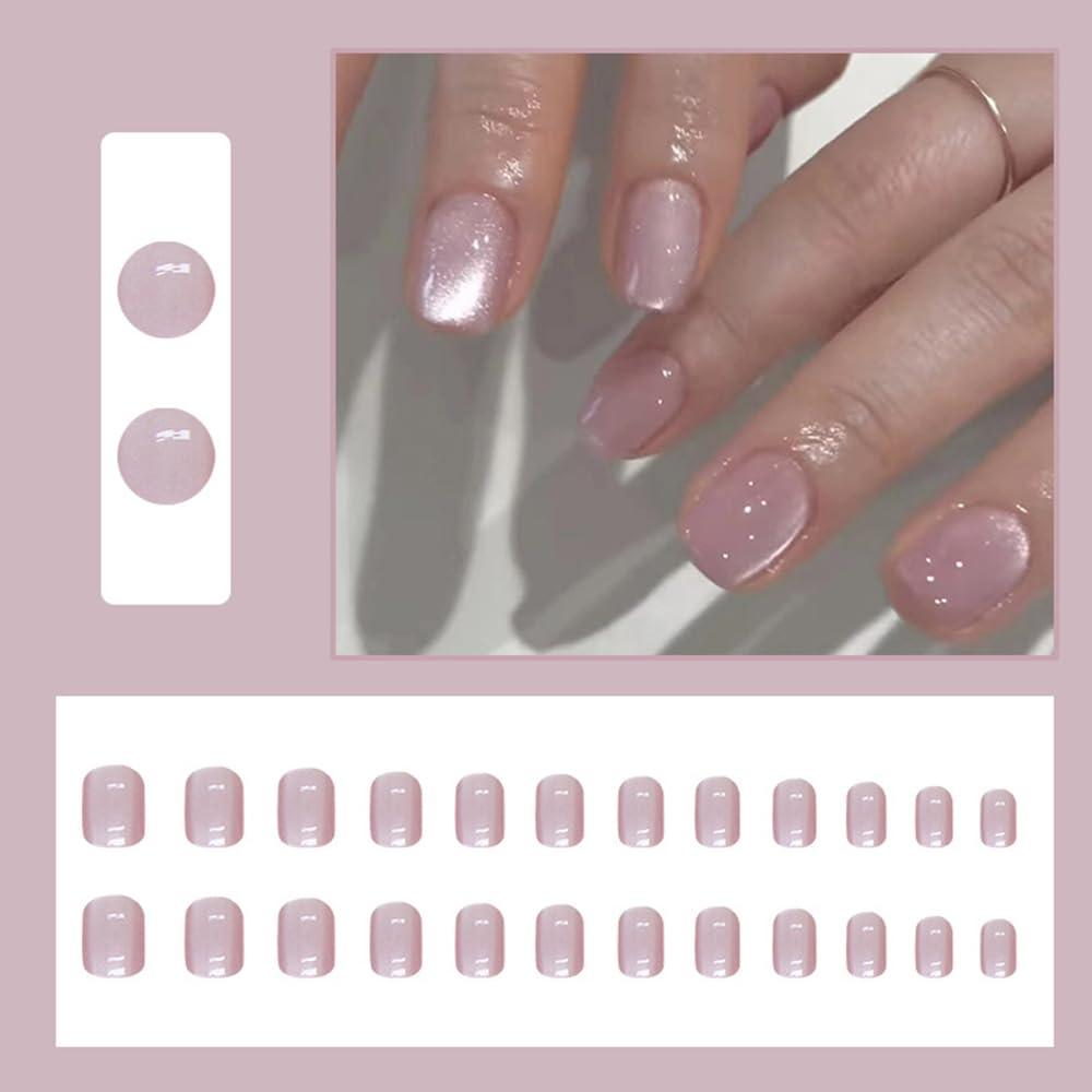 S.A.V.I 24 Pcs Short Natural Shape Pink Cat’s Eye Glossy Fake Nails for Women | Reusable DIY Nail Art Nail Tips with Glue & Adhesive Tabs – Salon-Quality Press On Nails