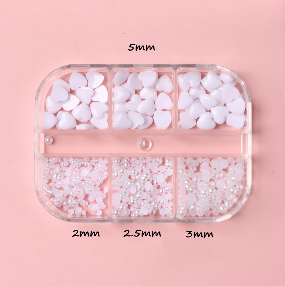 S.A.V.I White 3D Heart Nail Art Charms (5mm) & Flatback Pearls Set (2mm, 2.5mm, 3mm) – Acrylic Nail Decorations for DIY Manicure, Nail Salon, Gel Nail & Art Design Accessories