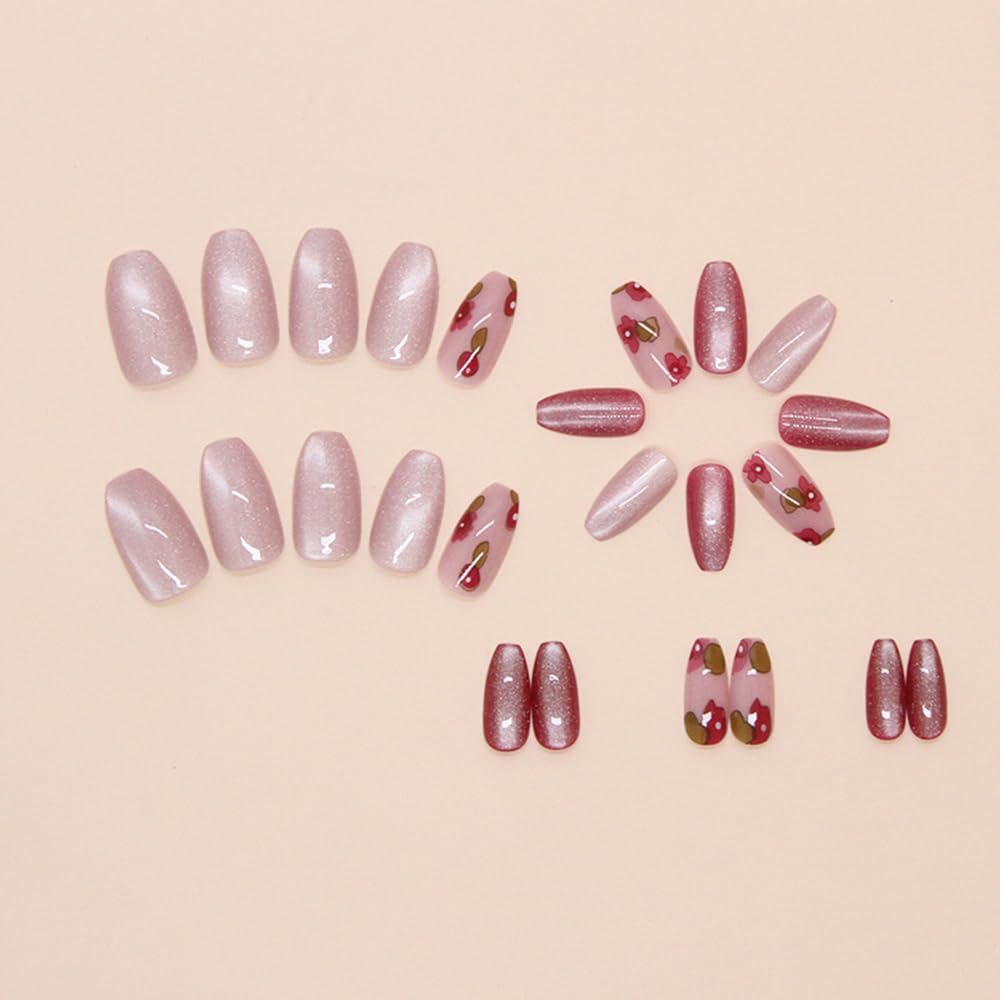 S.A.V.I 24 Pcs Pink Cat Eye & Cherry Print Press On Nails | Long Coffin Shape Glossy Nude Fake Nails for Women & Girls | Reusable Nail Art Tips with Glue & Adhesive Tabs – Salon Finish at Home