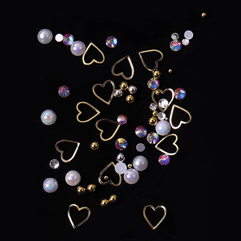S.A.V.I 7-Section Nail Art Decoration Box – Gold/Silver Metal Balls, AB & White Pearls, Glass Rhinestones, Alloy Heart Charms – 8.3 cm, 44g, DIY Manicure & Nail Art Accessories Kit