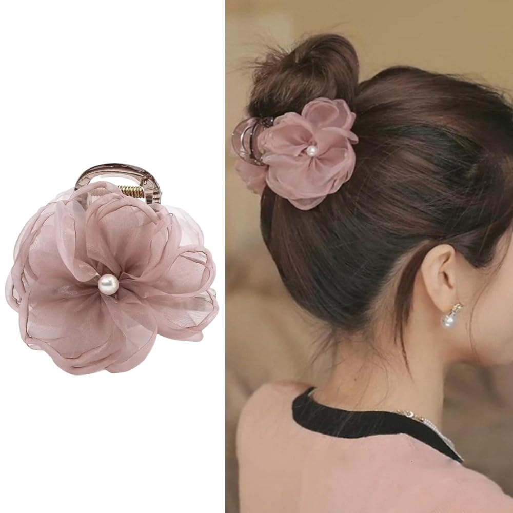 S.A.V.I Elegant Pink Rose Hair Clutch Clip for Women Girls | 8 cm Lace Design with Pearl Center | Stylish Bun Updo Hair Accessory | Parties, Weddings