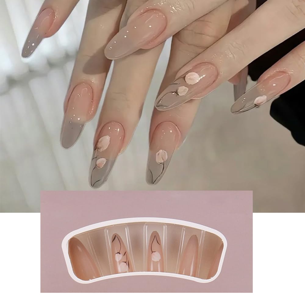 S.A.V.I 30 Pcs Long Round Nude Fake Nails | Glossy Press-On Nails with Elegant Floral Print | Reusable Artificial Nails for Women | DIY Manicure Kit with Adhesive Tabs Glue | Salon-Style False Nails for Parties