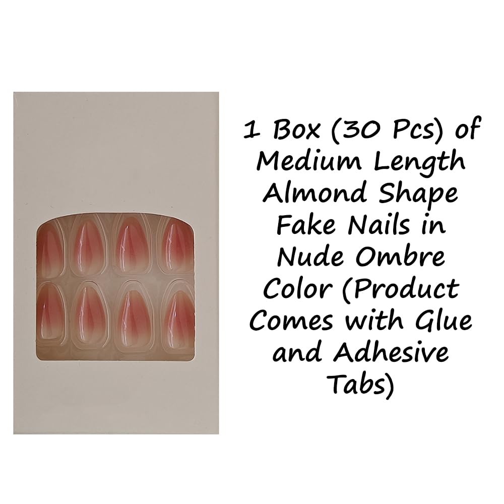 S.A.V.I 30Pcs Nude Ombre Glossy Press On Nails for Women | Medium Almond Shape Fake Nail Extensions | Reusable with Glue & Adhesive Tabs | Salon Finish for Wedding, Party, Daily
