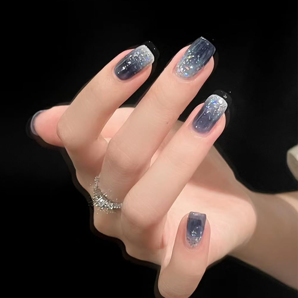S.A.V.I 24 Pcs Press-On Nails for Women – Gradient Grey & Navy Blue Short Fake Nails with Glitter | Glossy Natural Shape Reusable Nail Art Kit | Includes Nail Glue & Adhesive Tabs | DIY Manicure