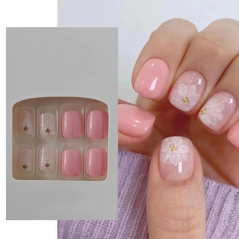 S.A.V.I 24 PCs Reusable Press-on Fake Nails - Short Natural Shape Peach and Flower Print - DIY Manicure Kit for Quick Easy Nail Art - Long-lasting Durable - for Home Salon Use