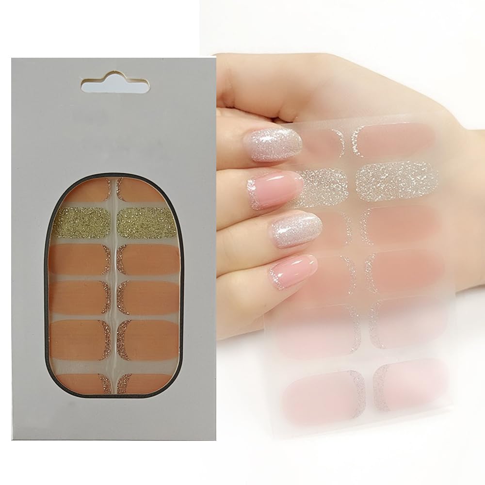 S.A.V.I 12 pcs - Nude Pink Silver Glitter Gel Nail Stickers, Long Lasting Full Nail Art Decals, Quick Apply No Dry Time