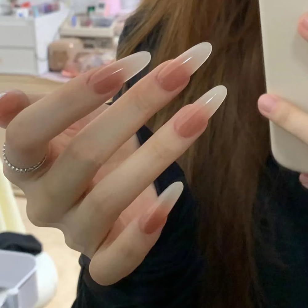 S.A.V.I 30 Pcs Long Almond Ombre Nude Press On Nails | Reusable Fake Nails with Glue & Adhesive Tabs | Elegant French Manicure Look | For Salon-Like DIY at Home