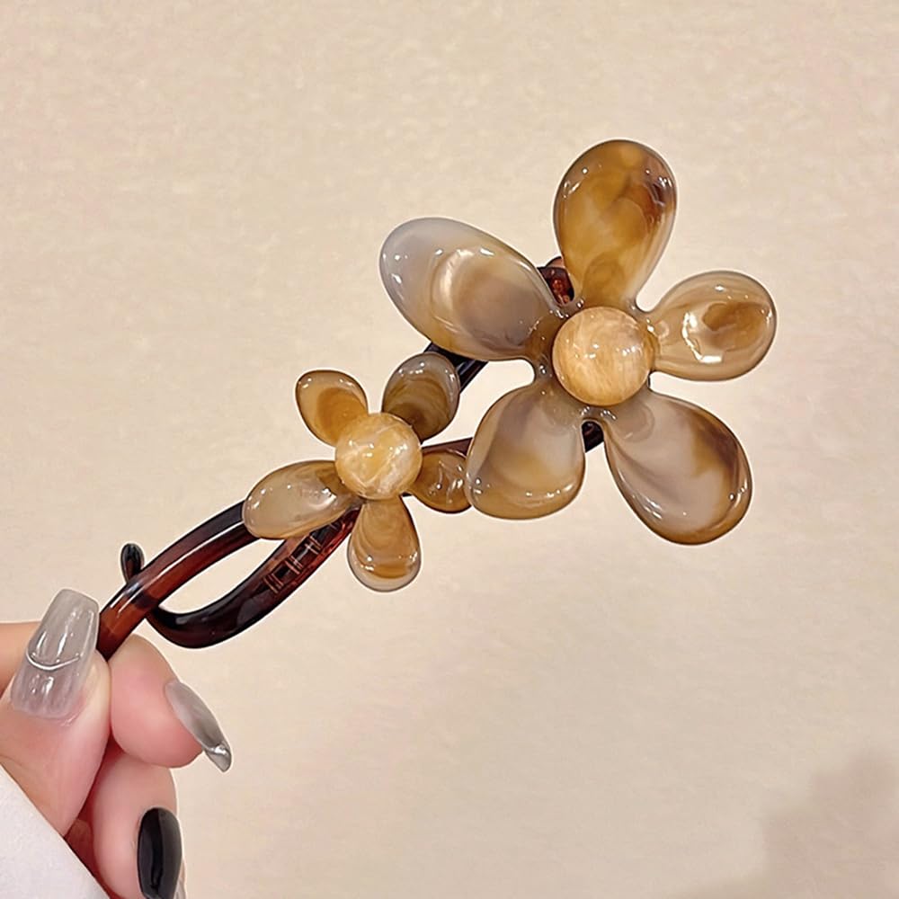 S.A.V.I Brown Floral Hair Clip for Women & Girls | 13cm Resin Tortoise Shell Claw Clip | Stylish Flower Hair Accessory for Bun, Daily, Party | Strong Grip, Elegant Look