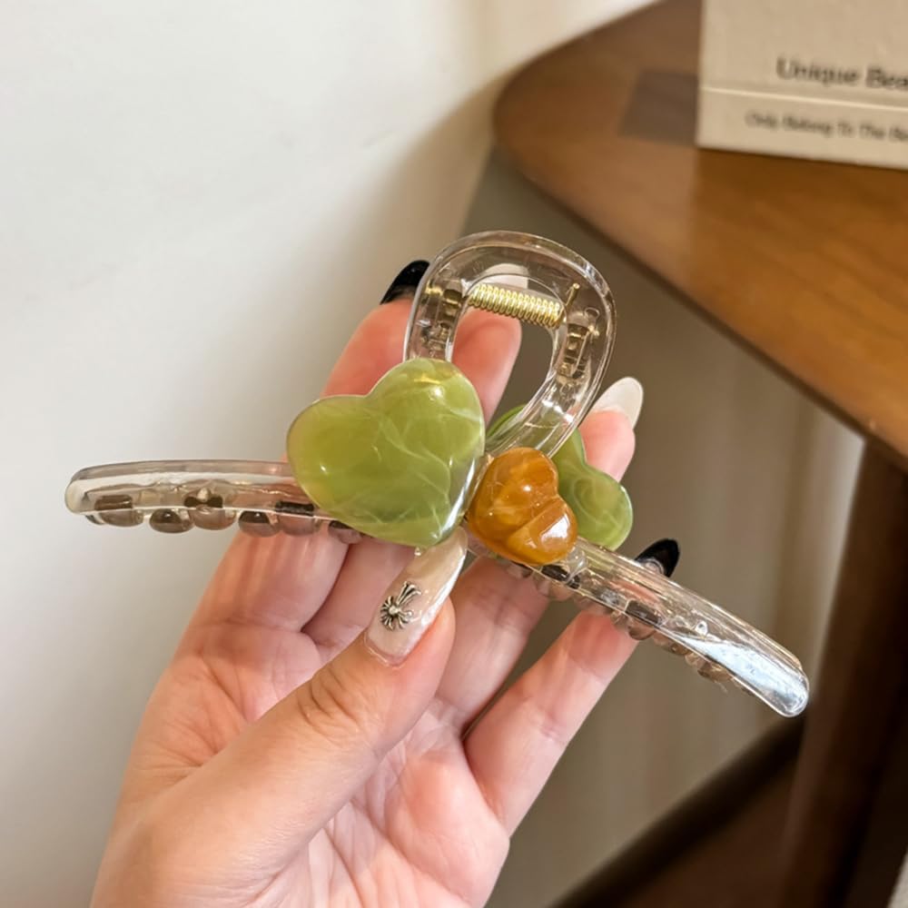 S.A.V.I Stylish Resin Hair Claw Clip for Women & Girls | 13cm Heart Shape with Green & Amber Stones | Strong Grip Bun Holder | Acrylic Hair Accessory for Daily & Party