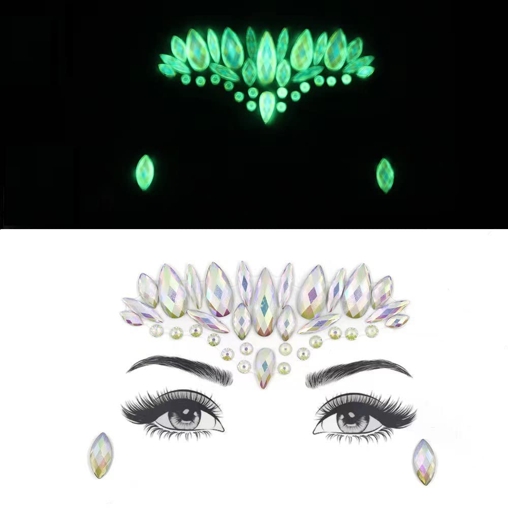 S.A.V.I 3D Glow in the Dark Face Gems Luminous Crystal Sticker Tattoo Rhinestone Decoration for Women Girls Events Parties Weddings Clubs