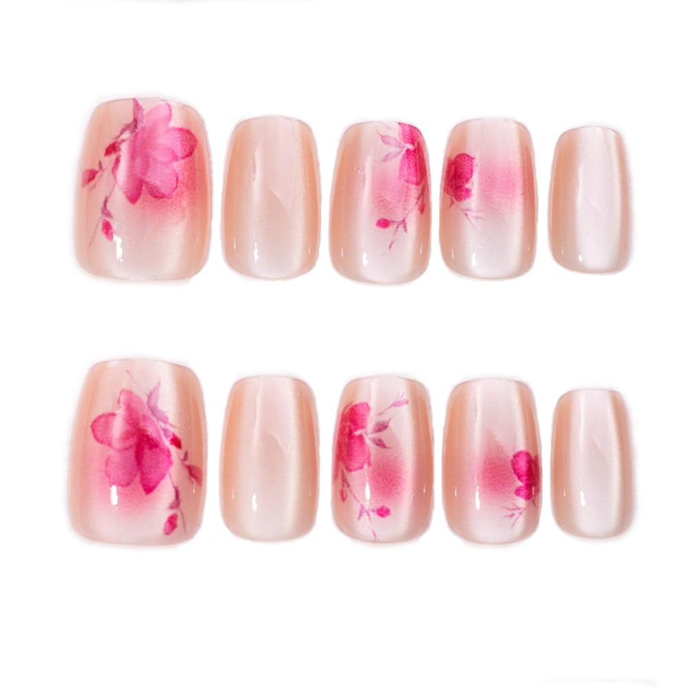 S.A.V.I 10 PCs Medium Length Natural Shape Nude Cat’s Eye Pink Floral Designer Press-On Nails | Handmade Elegant False Nails | Perfect Fit for Medium Width | Reusable Easy to Apply