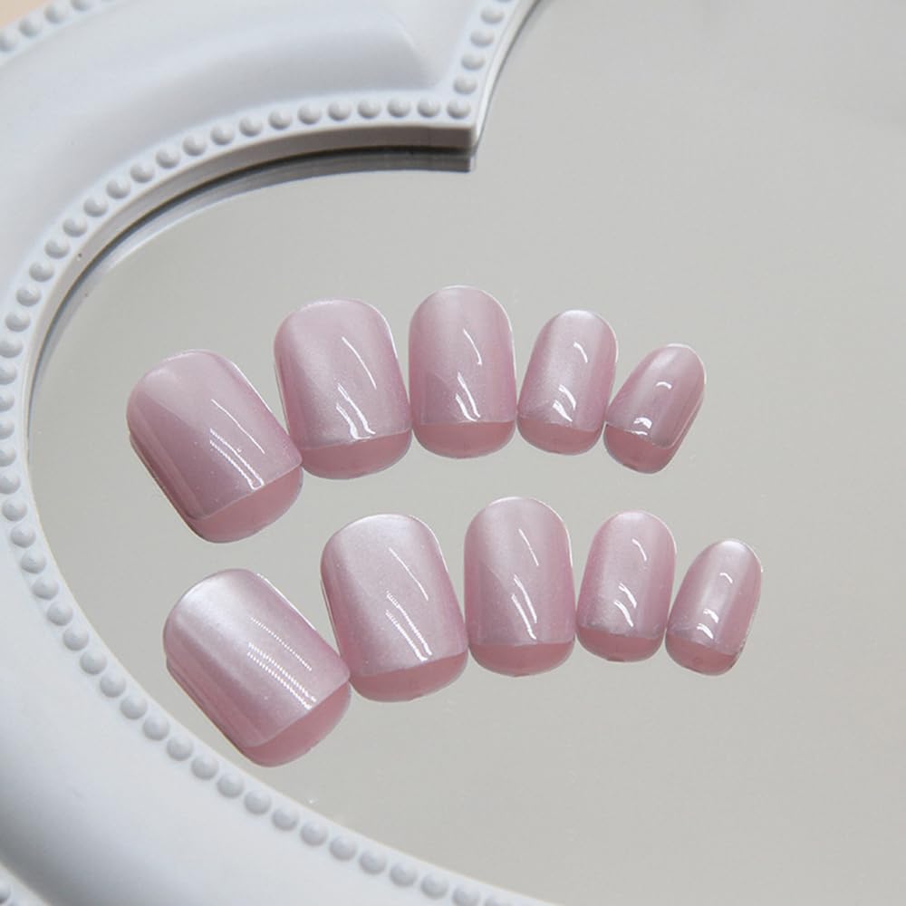 S.A.V.I 24 Pcs Short Natural Shape Pink Cat’s Eye Glossy Fake Nails for Women | Reusable DIY Nail Art Nail Tips with Glue & Adhesive Tabs – Salon-Quality Press On Nails