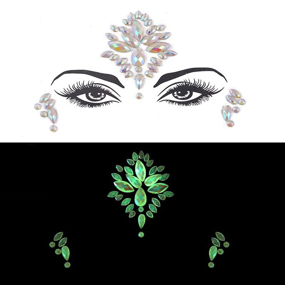 S.A.V.I 3D Luminous, Glow in the Dark Face Sticker Gems Crystal Tattoo Rhinestone Decoration for Women Girls Events Parties Weddings Clubs