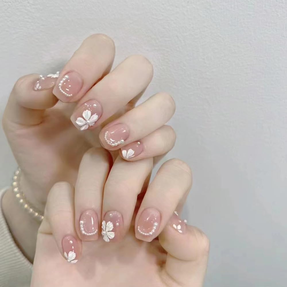 S.A.V.I 30 Pcs Short Natural Nude Fake Nails with 3D White Flowers & Pearls | Reusable Press-On Nail Tips | Glue & Adhesive Tabs Included | Salon-Perfect Manicure at Home