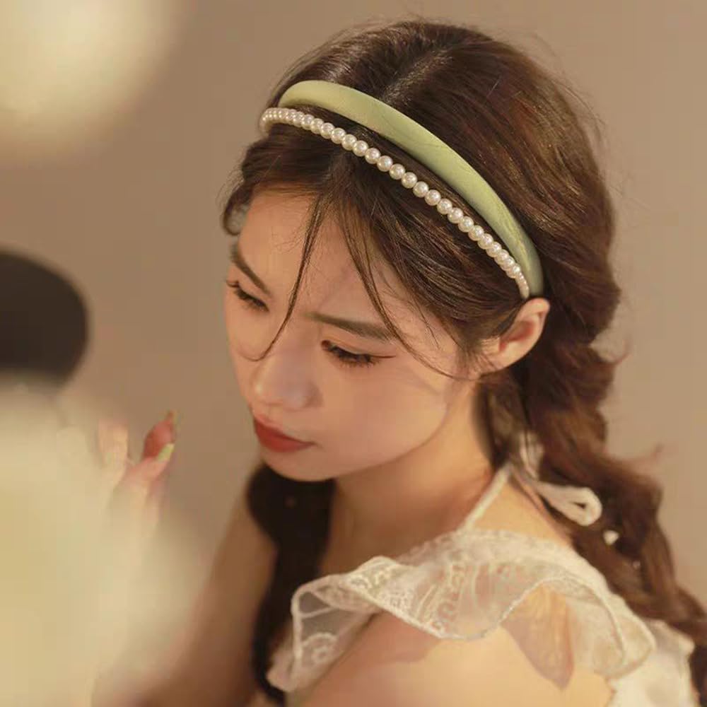S.A.V.I Women’s Green Satin Hairband with Pearls | Stylish Double Layered Padded Headband for Girls | Trendy & Comfortable Hair Accessory for Daily, Weddings, Parties & Gifting