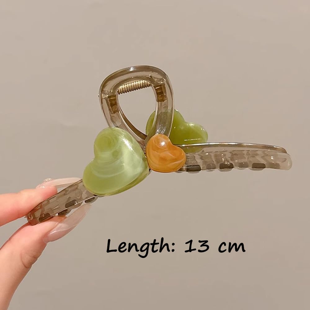 S.A.V.I Stylish Resin Hair Claw Clip for Women & Girls | 13cm Heart Shape with Green & Amber Stones | Strong Grip Bun Holder | Acrylic Hair Accessory for Daily & Party