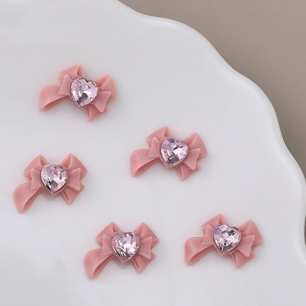 S.A.V.I 3D Pink Bow Nail Art Charms, Heart Rhinestone Resin, Pack of 10 – Big Bow Nail Accessories, 2 Designs, DIY Manicure Decorations for Girls & Women