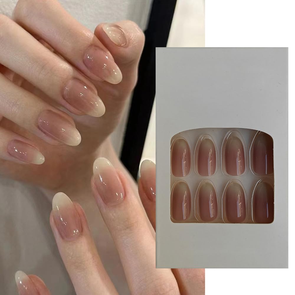 S.A.V.I 24 Pcs Nude Off-White Gradient Press On Nails | Medium Length, Round Shape False Nails | Reusable, Natural-Look Artificial Nail Tips | Easy to Apply, Long-Lasting Fake Nails for Women Girls
