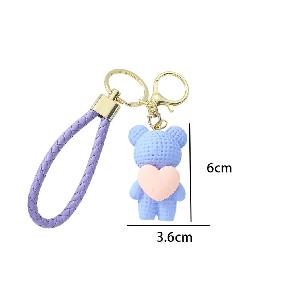 S.A.V.I Cute Purple Bear Keychain with Heart Charm | Resin Teddy Pendant (6cm) & Braided PU Leather Wrist Strap | Stylish Gold Key Ring for Girls, Women, Handbag, Car Accessories (Purple)
