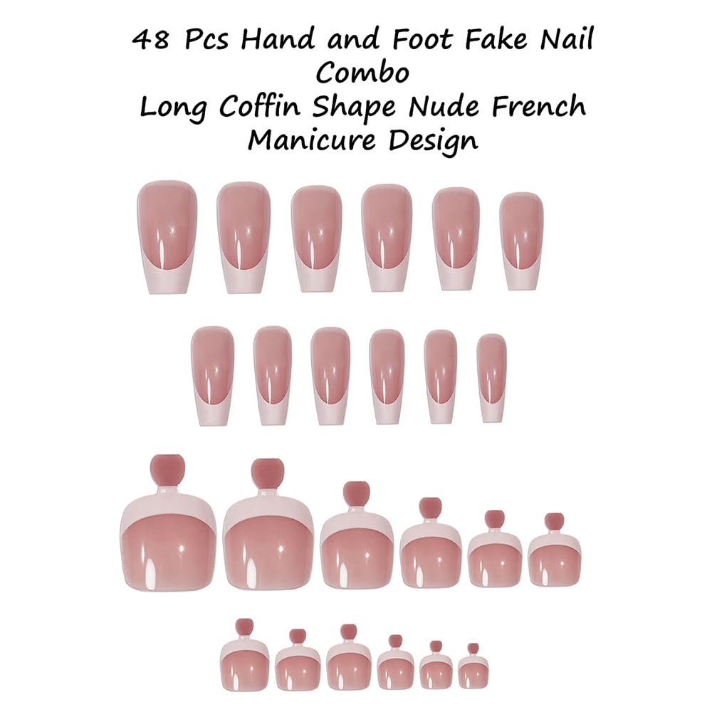 S.A.V.I 48 Pcs Nude French Coffin Press On Nails Combo for Hands & Feet | Long Glossy Fake Nails Set | Reusable Manicure & Pedicure Tips Kit for Women & Girls | Nail Art Extension Look