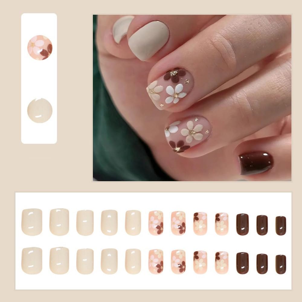 S.A.V.I 24 Pcs Short Natural Shape Press-On Fake Nails - Maroon White Floral Design | Reusable False Nails Set for Women Girls | Glossy Finish, Easy to Apply, Comfortable Fit | DIY Nail Art Kit