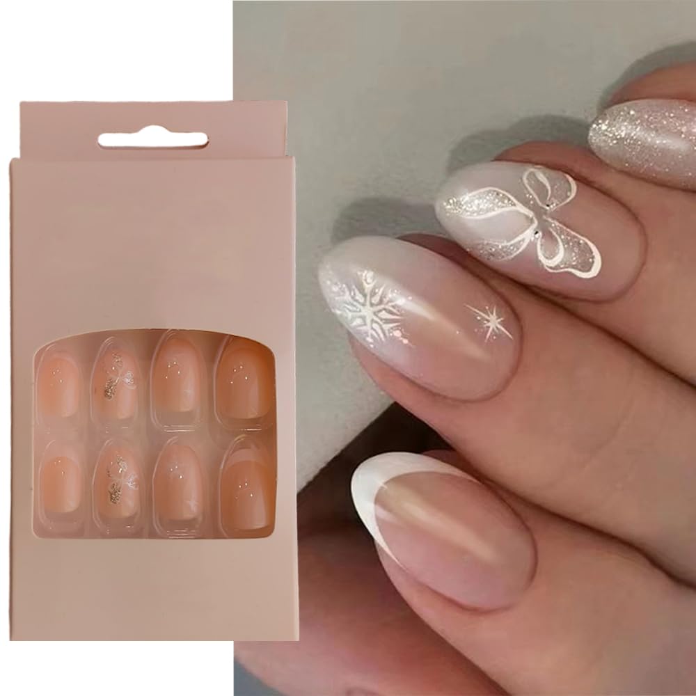 S.A.V.I Press-On Nails 24 Pc Round Medium Bowknot Print - Adhesive Tabs Glue Included