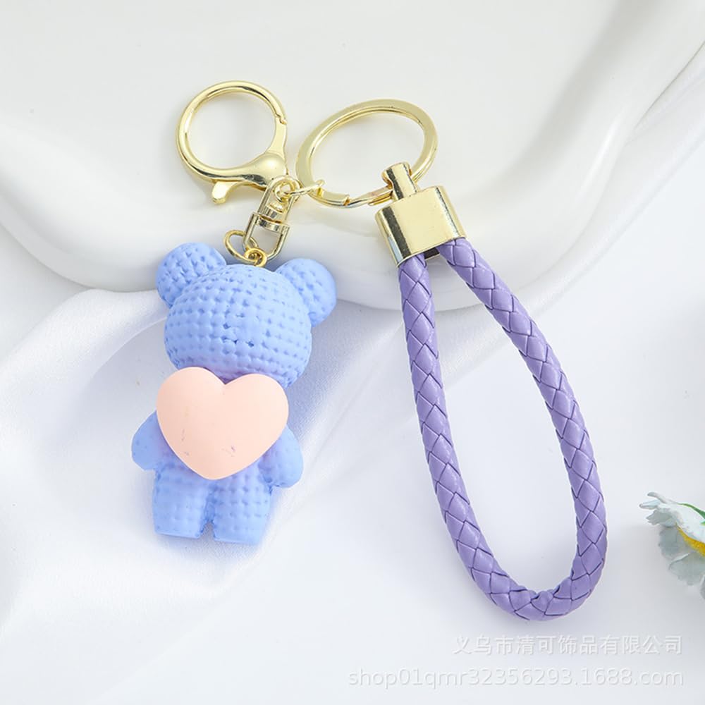 S.A.V.I Cute Purple Bear Keychain with Heart Charm | Resin Teddy Pendant (6cm) & Braided PU Leather Wrist Strap | Stylish Gold Key Ring for Girls, Women, Handbag, Car Accessories (Purple)