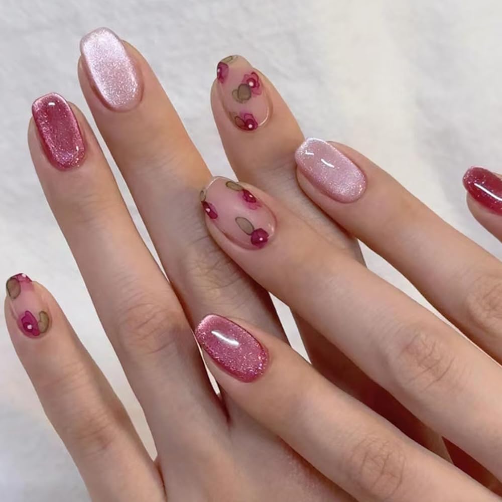 S.A.V.I 24 Pcs Pink Cat Eye & Cherry Print Press On Nails | Long Coffin Shape Glossy Nude Fake Nails for Women & Girls | Reusable Nail Art Tips with Glue & Adhesive Tabs – Salon Finish at Home