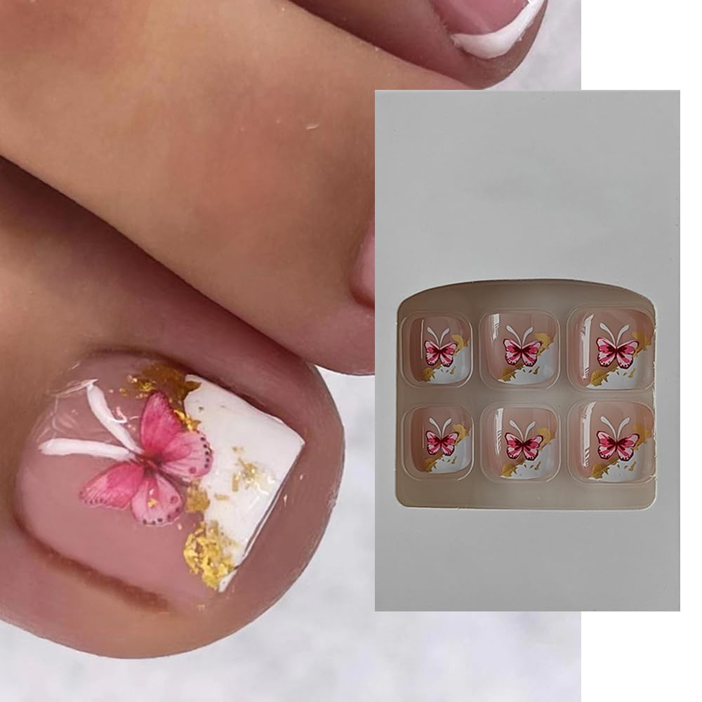 S.A.V.I 24 PCs Short Natural Shape White French Manicure with Butterfly Print - Press-On Fake Toe Nails DIY Pedicure Set for Women - Easy Application, Long-Lasting, Perfect for Any Occasion Online at Low Prices in India