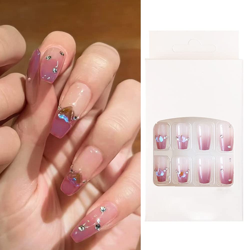 S.A.V.I 24Pc Purple Crystal Gradient Heart Fake Nails - Easy DIY Manicure Nail Art Set for Women Girls - Includes Glue - Ready to Use