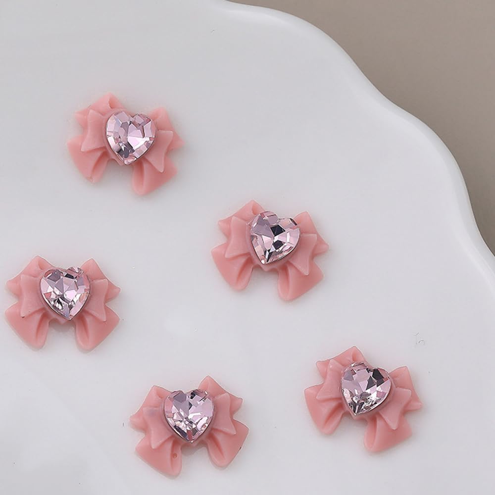 S.A.V.I 3D Pink Bow Nail Art Charms, Heart Rhinestone Resin, Pack of 10 – Big Bow Nail Accessories, 2 Designs, DIY Manicure Decorations for Girls & Women
