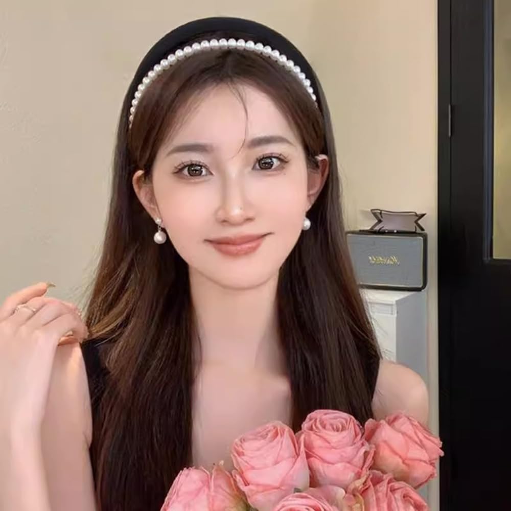 S.A.V.I Women's Black Velvet Hairband with Faux Pearls | Wide Padded Headband for Girls & Women | Elegant Hair Accessory for Wedding, Party & Daily | Comfortable & Stylish Look
