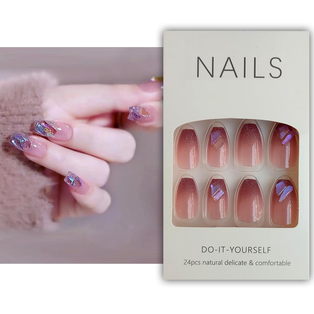 S.A.V.I 24 PCS - Pink Coffin Glitter Nails Medium Crystal Press-on Kit with Glue Tape